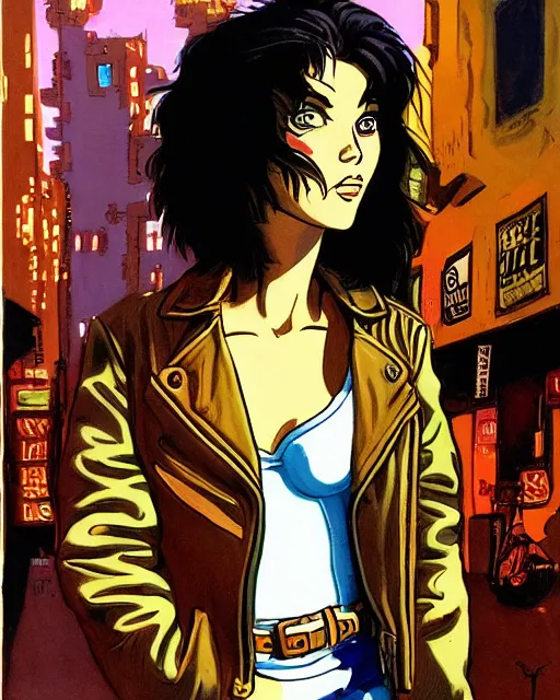 Image similar to young female protagonist in leather jacket, city street, artwork by ralph bakshi