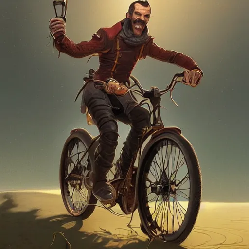 Image similar to man with receding hairline riding bike, intricate, elegant, highly detailed, digital painting, artstation, concept art, matte, illustration, hearthstone, art by artgerm and greg rutkowski and alphonse mucha, simon stalenhag, hyperreal