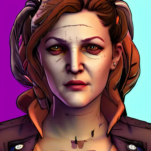 Image similar to drew barrymore portrait, borderlands, tales from the borderlands, the wolf among us, comic, cinematic lighting, studio quality, 8 k