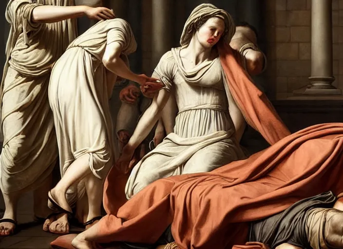 Image similar to this sorrowful picture illustrates the poignant death of lucretia which led to a revolt that overthrew the monarchy and established the republic of rome. hyperrealism, intricate details, trending on artsation