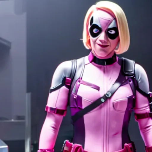 Image similar to A still of Gwenpool in Deadpool 3 (2023), no mask, blonde hair with pink highlights