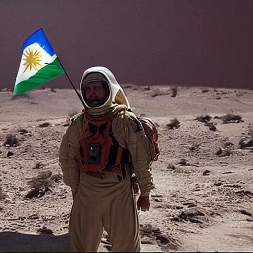 Image similar to kurdish astronaut holding a kurdistan flag in a movie directed by christopher nolan, movie still frame, promotional image, imax 7 0 mm footage