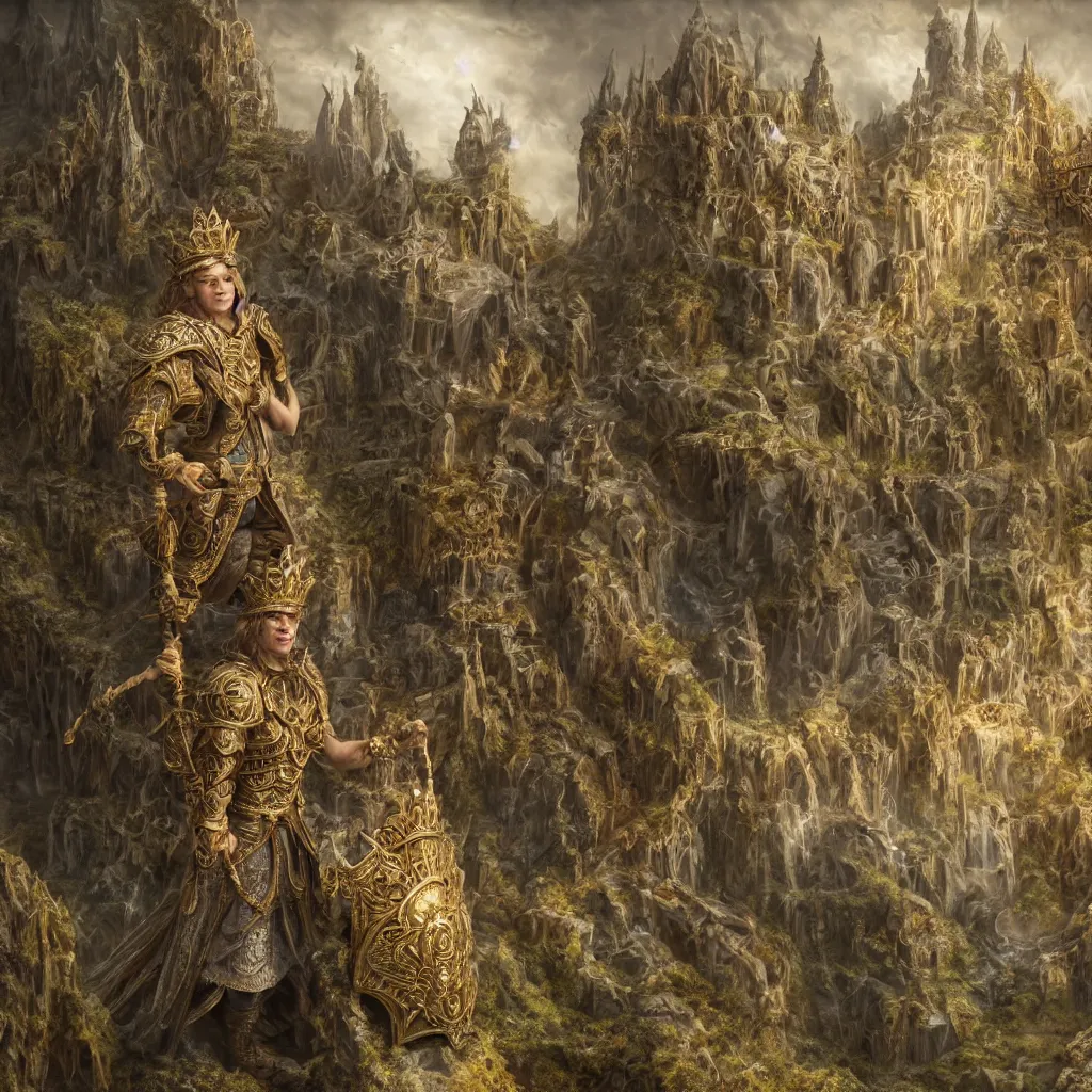Image similar to Tristan Fulcher wearing a crown, highly detailed, 8k, hyper, dramatic, adventure game, D&D, fantasy art by joseph karl stieler, global illumination, radiant light, detailed and intricate environment