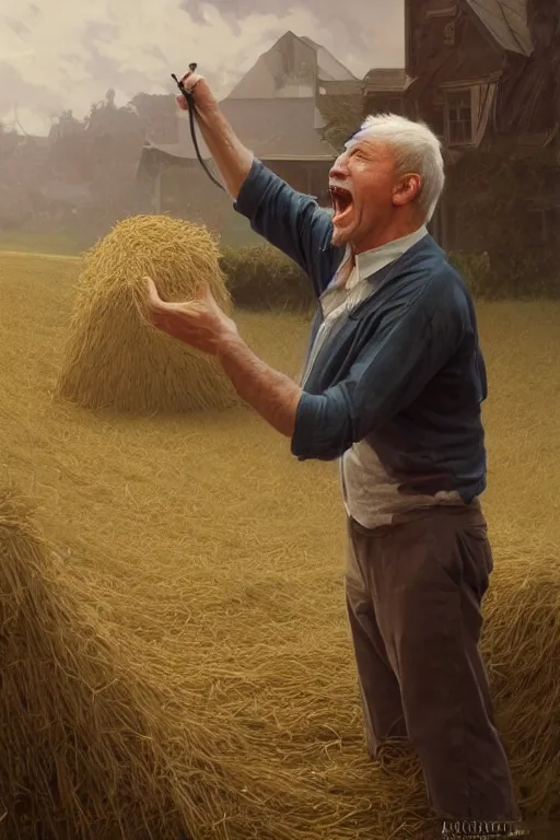 Image similar to an old man yelling at a pile of hay, realistic painting, symmetrical, highly detailed, digital painting, artstation, concept art, smooth, sharp focus, illustration, cinematic lighting, art by artgerm and greg rutkowski and alphonse mucha