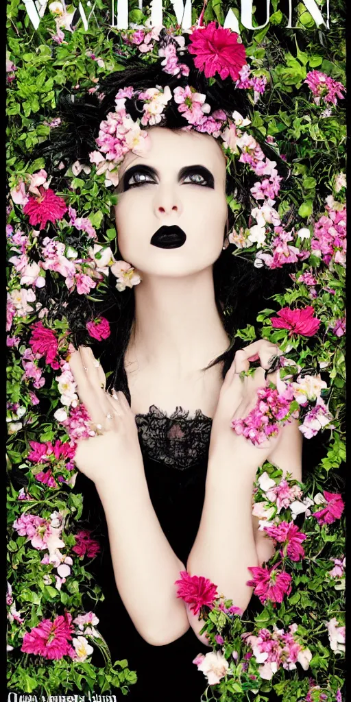 Prompt: A woman in a gothic dress, magazine cover, flowers in hair