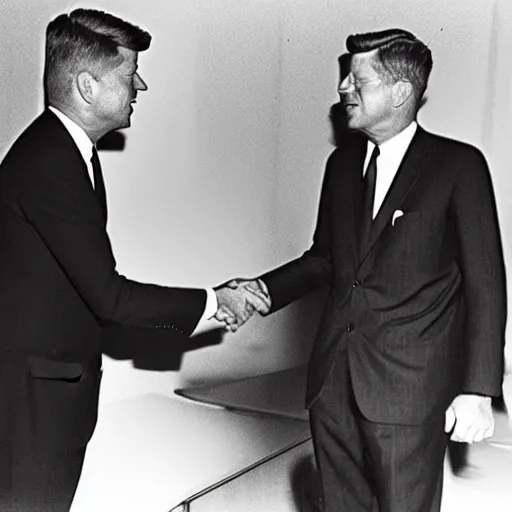 Image similar to president kennedy shaking hands with an alien from outer space