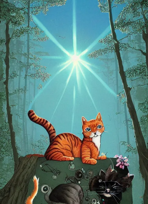 Image similar to a hyper realistic ink cat and the meaning of life and sunbeams blue sky, lush forest poster art by chiara bautista and kim jung giu and norman rockwell and greg rutkowski weta studio, and lucasfilm