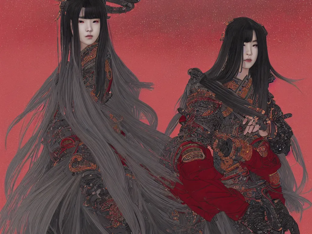 Image similar to portrait jisoo blackpink, grey hair black and red samurai armor, in japanese temple heavily rainy night, ssci - fi and fantasy, intricate and very very beautiful and elegant, highly detailed, digital painting, artstation, concept art, smooth and sharp focus, illustration, art by tian zi and wlop and alphonse mucha