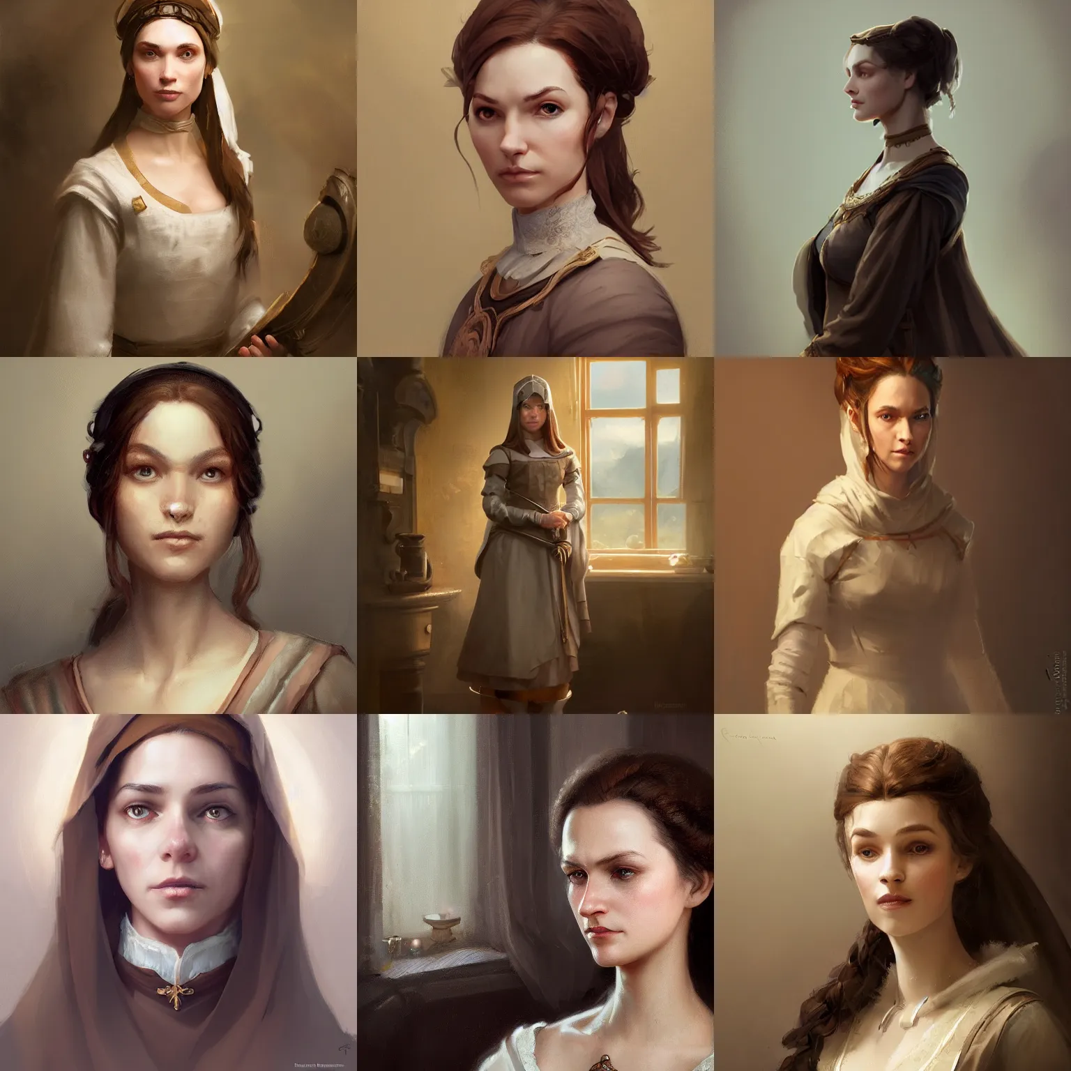 Prompt: 8k a noble household's medieval chambermaid in her early thirties light skin brown hair gentle eyes with a worrisome and compassionate personality, by Raymond Swanland Greg Rutkowski Lise Deharm, {perfect face}, {perfect eyes}, elegant regal posture, ArtStation, CGStation, 4k