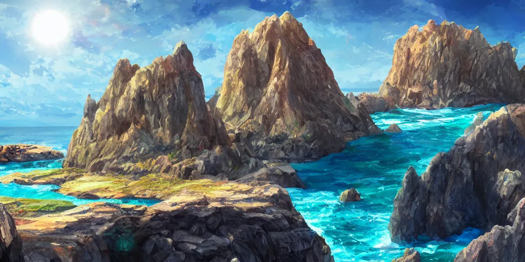 Image similar to salt covered islands surrounded by sheer colourful quartz cliffs, illustration, bright sunlight, sun glints, sunrays, digital art, oil painting, fantasy, 8 k, trending on artstation, detailed