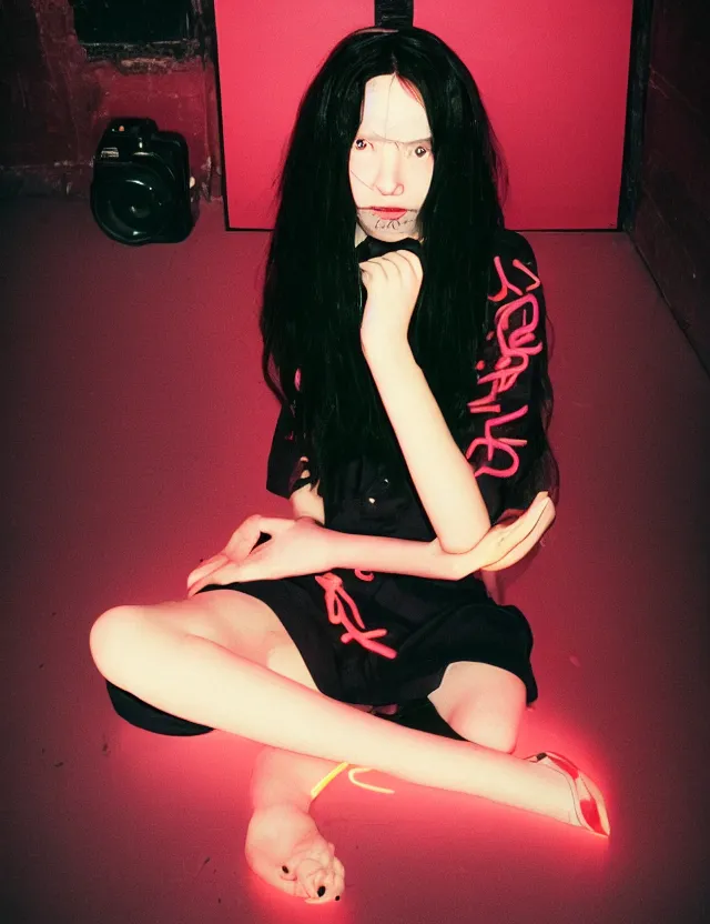 Prompt: portrait school girl with black hair and a strong grange makeup sitting on a floor in a subway, neon light, wide angle coloured polaroid photograph with flash, kodak film stock, hyper real, stunning moody cinematography, with anamorphic lenses, by maripol, fallen angels by wong kar - wai, style of suspiria and neon demon, detailed