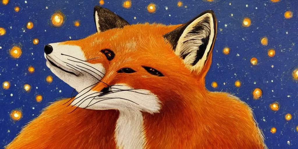 Image similar to a painting of a fox looking up at the stars in the style of Starry Night, highly detailed, trending on artstation