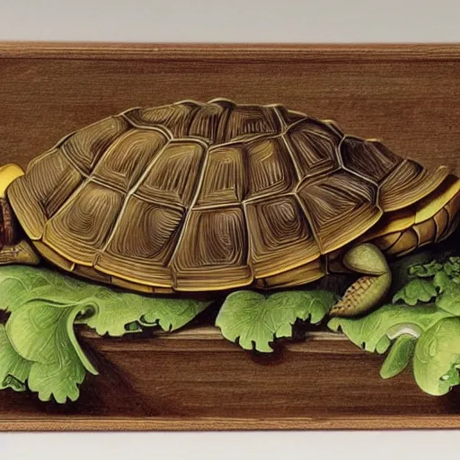 Image similar to Tortoise eating lettuce, art noveau, very detailed