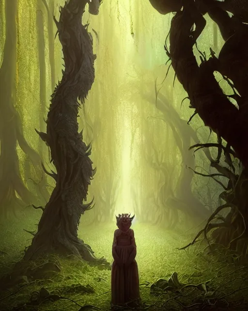 Image similar to highly detailed surreal vfx portrait of a cursed monster in a shadowy forest by a willow tree, stephen bliss, unreal engine, greg rutkowski, loish, rhads, beeple, makoto shinkai and lois van baarle, ilya kuvshinov, rossdraws, tom bagshaw, alphonse mucha, global illumination, detailed and intricate environment