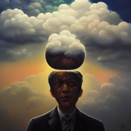 Prompt: Head in the clouds, surreal painting, trending on artstation