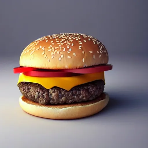 Image similar to still photo of a cheese burger, highly detailed, photorealistic portrait, bright studio setting, studio lighting, crisp quality and light reflections, unreal engine 5 quality render