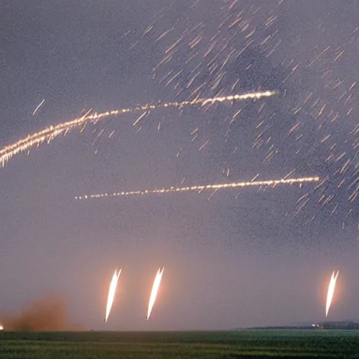 Image similar to hundreds of missiles launching from the american midwest, realistic, photograph by dod