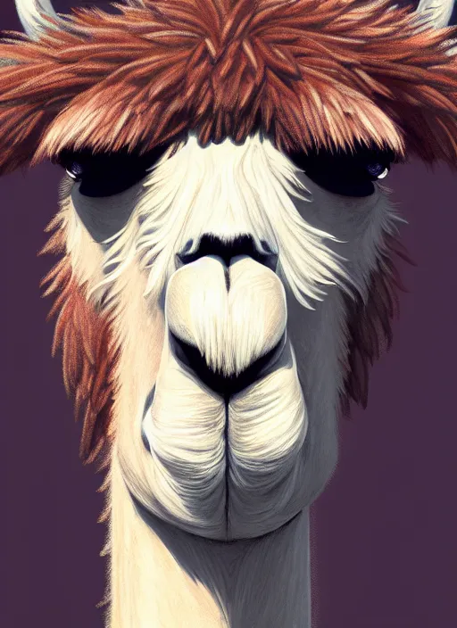 Image similar to centered!! macro head portrait of a llama, artstation, detailed cartoon, elegant, digital painting, concept art, smooth, sharp focus, illustration, ghibli, makoto shinkai, don bluth, fujita goro, jean giraud, akihiko yoshida, tom whalen 8 k