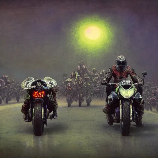 Image similar to motorbikers race in hell, horror art, purple and green hour, by beksinski, szukalski, giger, pyromallis, dzo, iris compiet, seb mckinnon, digital art, highly detailed, intricate, sharp focus, trending on artstation hq, deviantart, pinterest, unreal engine 5, 4 k uhd image