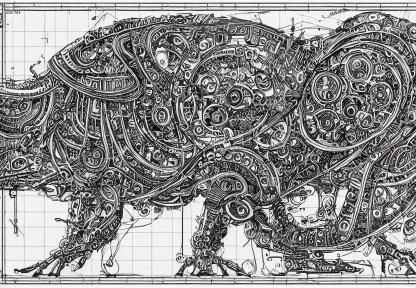 Prompt: small schematic blueprint of highly detailed ornate filigreed convoluted ornamented elaborate cybernetic rat, centered composition, wide angle, zoomed out, art by da vinci