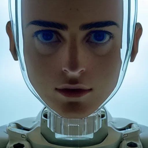 Prompt: portrait of humanoid robot from ex machina, transparency, transparent, glass dome, see - through, gears and lights, cinematography by stanley kubrick, intricate, elegant, symmetry