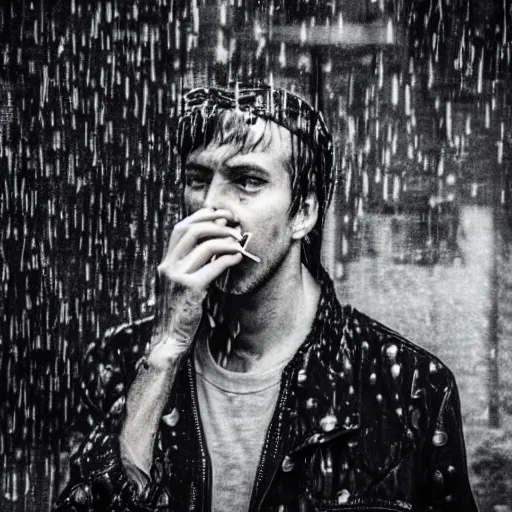 Prompt: photo of aspic meat jelle smoking cigarette under rain