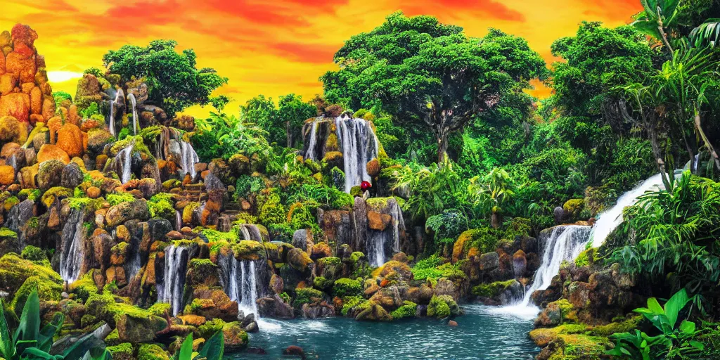 Prompt: ancient forest stone temple with a waterfall and colorful tropic mango trees, banana trees, orange trees, papaya trees, sunset, high definition, high detail, photorealisitc, 8k,