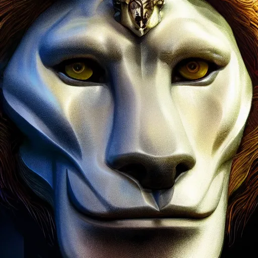 Image similar to Very very very very highly detailed epic zoom out photo of face with lion venetian mask, intricate, dystopian, sci-fi, extremely detailed, digital painting, artstation, concept art, smooth, sharp focus, illustration, intimidating lighting, incredible art by Artgerm and Vincent di Fate