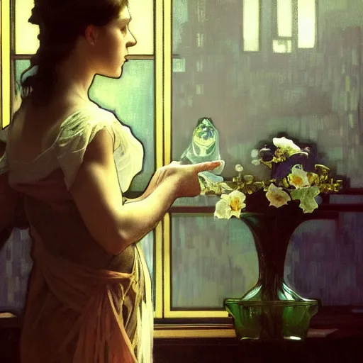 Image similar to girl filling a vase with a magical liquid, the girl is observed by the moiras in a trial. by jeremy mann and alphonse mucha, photo realistic, dynamic lighting, artstation, poster, volumetric lighting, highly detailed faces, 4 k, award winning