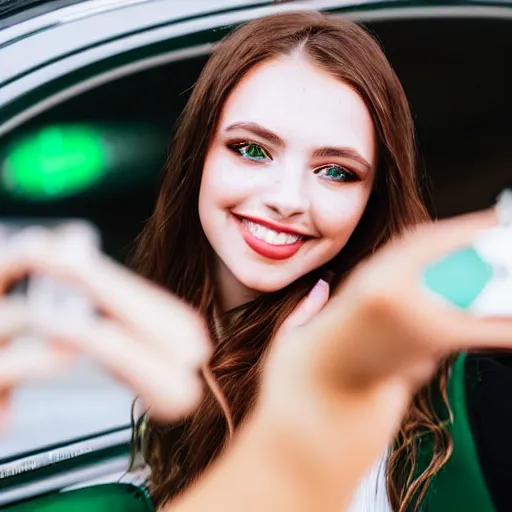 Image similar to a beautiful cute young woman with vivid emerald green eyes takes a photo of herself, sitting in her car, long bronze brown hair, flushed face, red blush, light freckles, big puffy lips, smiling softly, soft features, 8 k, sharp focus, instagram, portra 4 0 0