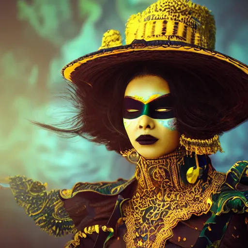 Image similar to the portrait, masked mexican mariachi woman, exotic costumes, gold jewelry, black hair, illustration by wenjun lin, irakli nadar, bright colors, octopath traveler, wenjun lin, unreal engine 5 highly rendered, global illumination, radiant light, detailed and intricate environment