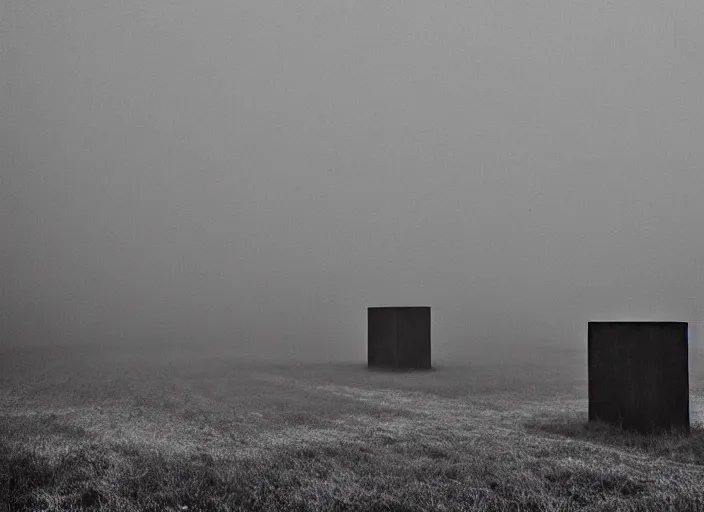 Image similar to high resolution black and white photography with a 3 5 mm f / 2 2. 0 lens of brutalist architectural buildings in belarus in the middle of nowhere in the 1 9 8 0 s, there is fog. fine art photography and very detailed