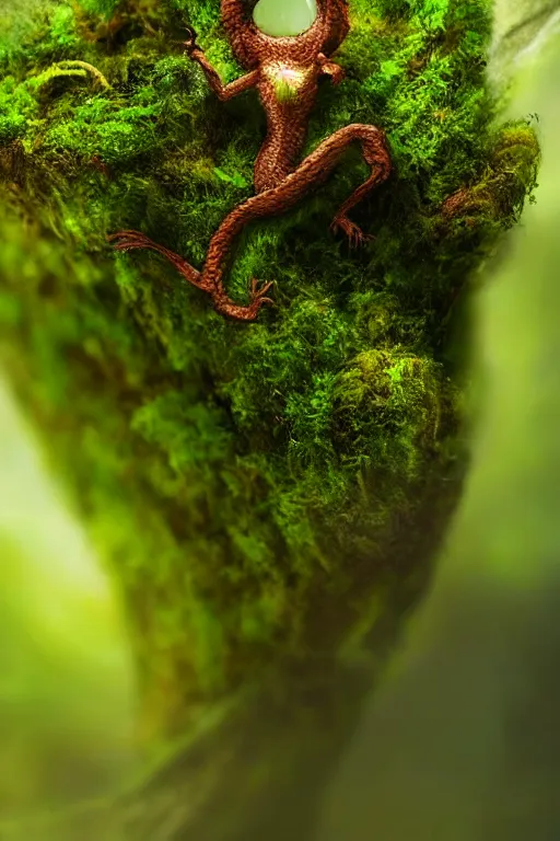 Image similar to a tiny dragon made of moss, dewdrops, macro, dramatic lighting, cinematic, establishing shot, extremely high detail, foto realistic, cinematic lighting, post processed, concept art, high details, cinematic, 8k resolution, beautiful detailed, photorealistic, digital painting, artstation, concept art, smooth, sharp focus, artstation trending, octane render, unreal engine