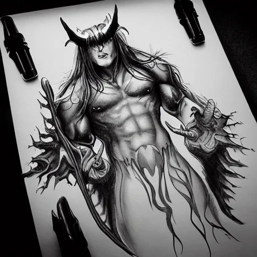 Image similar to illidan stormrage engraving, ink, black and white