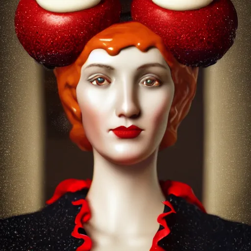 Image similar to victorian lady earing a burger, full body, intrincate, red and white, glitter, depth of field, 8k, hyper detailed, trending on artstation