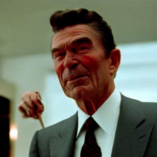 Prompt: Still of Ronald Regan removing his human skin, revealing his lizard body, in the style of Eyes Wide Shut (1999)