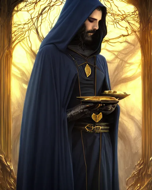 Image similar to wizard the sandman, long black hair blue wearing cloth mantle gothic navy cloak with gold details, tree town, fantasy character portrait, ultra realistic, intricate, elegant, cinematic lighting, highly detailed, digital painting, artstation, smooth, sharp, focus, illustration, art by artgerm and greg rutkowski and alphonse mucha