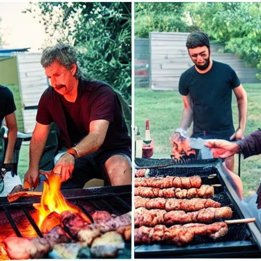 Image similar to three guys in night at the yard grilling kebabs and one guy playing guitar