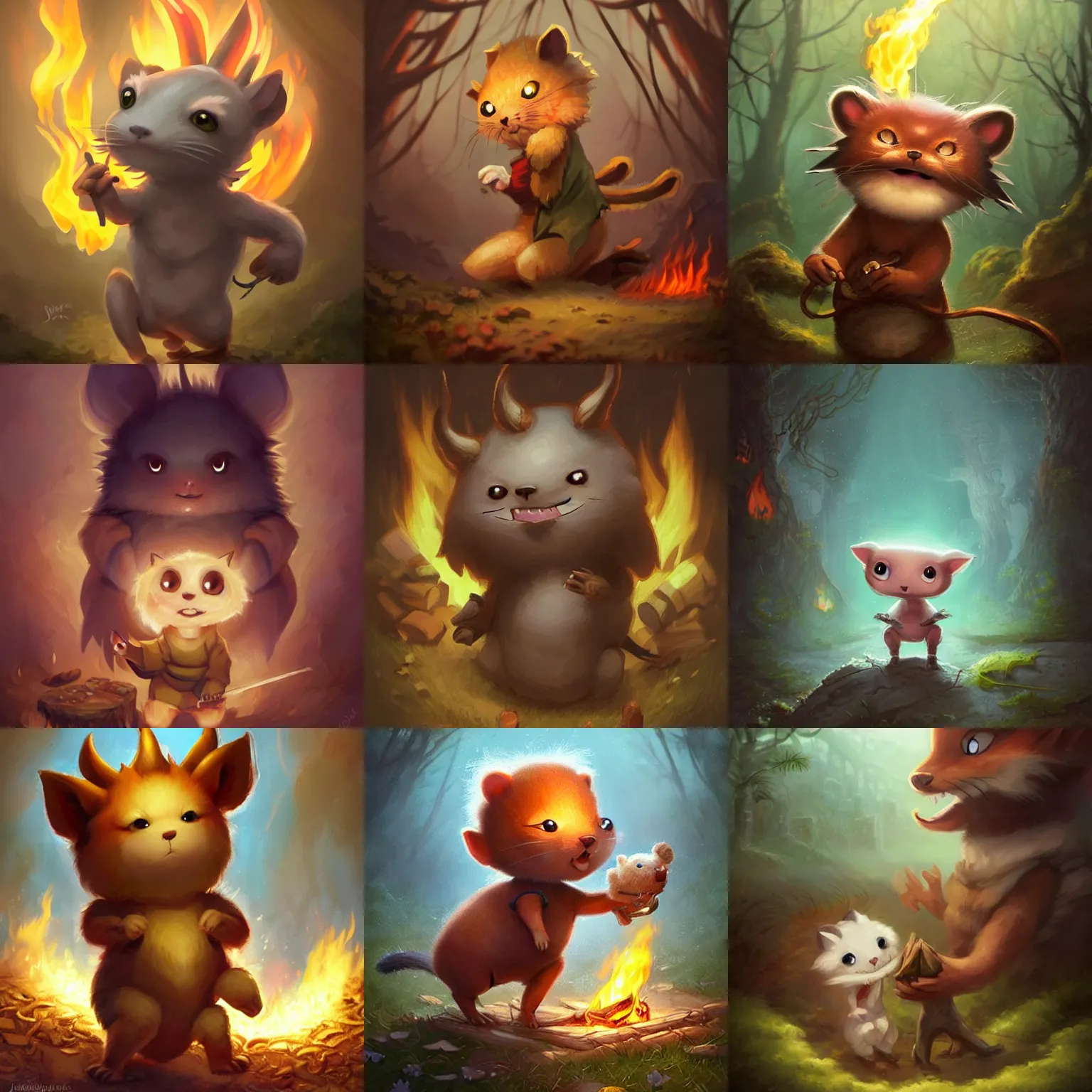 Prompt: cute anthropomorphic little animal dancing around a fire for a satanic ryhtuel, tiny, small, miniature animal, baby animal, shorts, cute and adorable, pretty, beautiful, ghibli character art portrait, fantasy matte painting, deviantart artstation, by by jason felix by steve argyle by tyler jacobson by peter mohrbacher, cinematic lighting