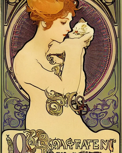 Prompt: art nouveau poster advertising a cat cafe by alphonse mucha, antique canvas texture