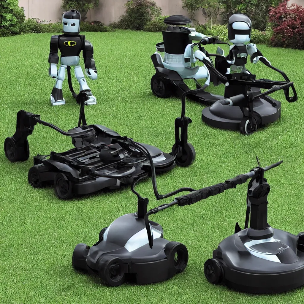 Prompt: a robot lawn mower looking like batman