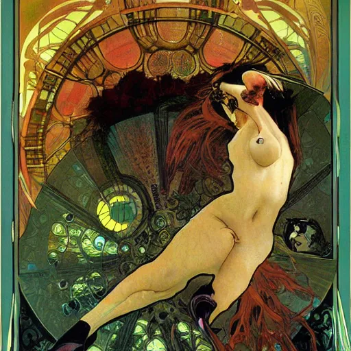 Prompt: cyberpunk dreaming by dave mckean and alphonse mucha