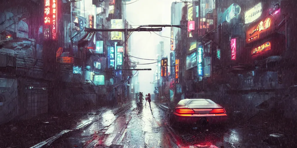 Image similar to Cyberpunk back alley with a futuristic car in the foreground on a rainy day in Japan, low angle view, detailed matte painting, cinematic, Simon Stalenhag, Artstation