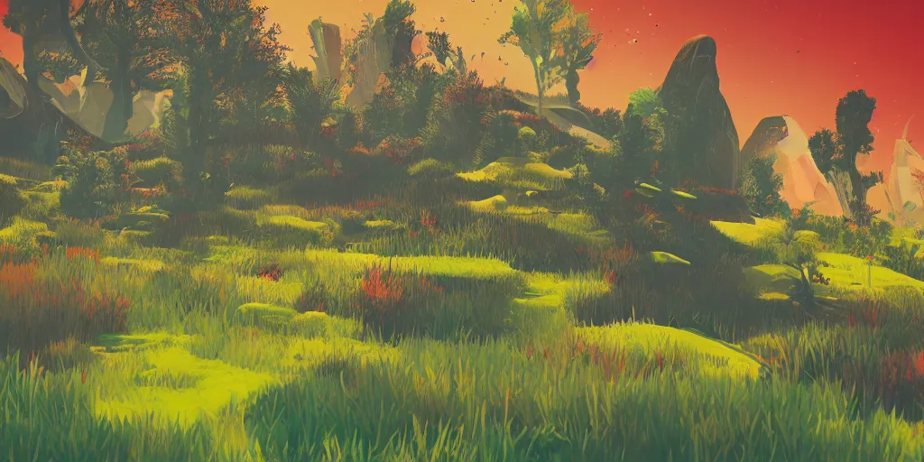 Image similar to abstract 3d landscape painting with vegetation and trees at noon by james jean and painted in no mans sky style, redshift, octane