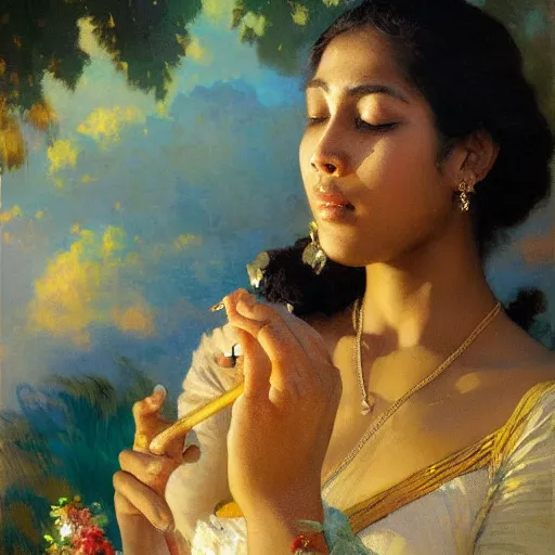 Prompt: detailed portrait of sri lankan girl smoking joint, girl graceful, eyes closed, painting by gaston bussiere, craig mullins, j. c. leyendecker