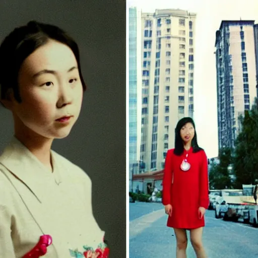 Image similar to a colored photorealistic photo of a chinese canadian girl elisa lam wearing a everyday dress that is red at the cecil hotel in los angeles