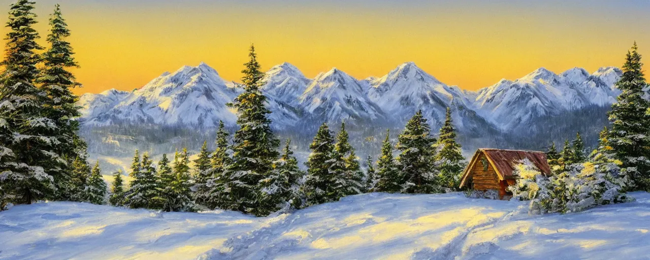 Prompt: landscape with a cabin in the woods, golden hour, snowcapped mountains in the distance with rolling hills covered in snow, evergreen trees painted by bob ross