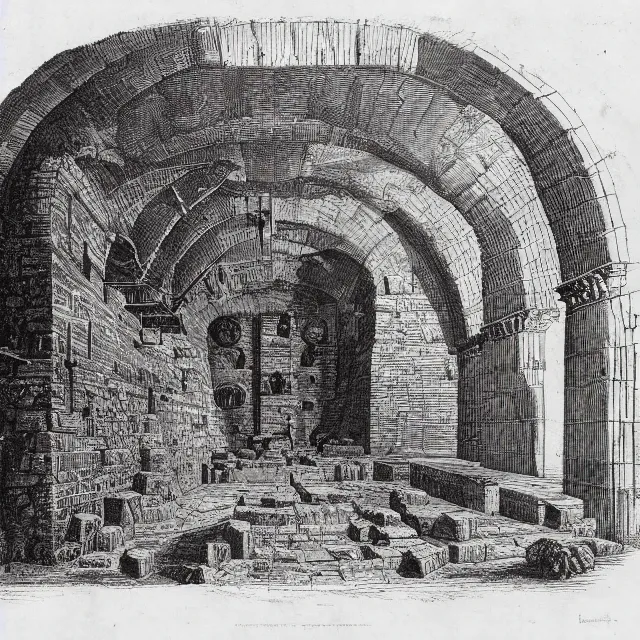 Image similar to an isometric etching of a medieval dungeon, carceri d'invenzione, by giovanni battista piranesi, volumetric lighting, isometric