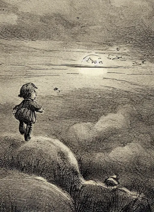 Prompt: sky transitioning from day to night, one half is sunny, other half is starry and dark, empty field, illustrated by peggy fortnum and beatrix potter and sir john tenniel