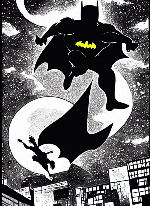 Prompt: batman jumping from a roof at night, moon visible, frank miller
